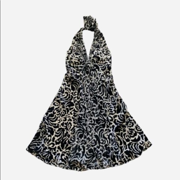 WHBM Halter Dress Black Cream Floral Sleeveless Silk Flowy Halter Dress Size 4 - Picture 12 of 15